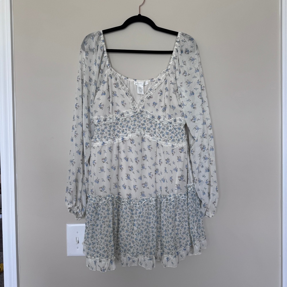 Altar'd State Floral Ruffle‎ Mini Dress Cream Blue Cottagecore XL